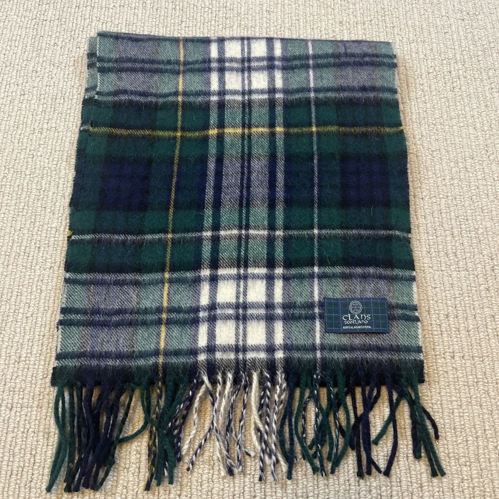 CLANS SCOTLAND 100% Lambswool Plaid Tartan Scarf Green/Navy 12x55